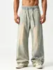 Jeans retro americanos desgastados de cintura elástica con cordón, pierna ancha para hombre, pantalones rectos de longitud completa con diseño dividido de alta costura