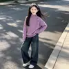 Conjunto de Dos Piezas para Niñas de Primavera y Otoño: Suéter de Botones Multicolor Nuevo y Jeans para Niños Medianos y Mayores, Conjunto Casual Holgado de Pantalones de Pierna Ancha