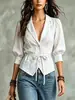 Otoño 2026 Nuevo Transfronterizo Europeo y Americano Comercio Exterior Elegante para el Trabajo Color Sólido Blazer con Lazo en la Cintura Camisa Abotonada con Cuello para Mujer