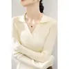 Suéter de Punto Versátil, Sencillo, Ajustado, de Manga Larga, Moda Primavera 2025, Nuevo Top a la Moda con Cuello Polo y Escote en V Sencillo para Mujer