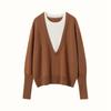 Suéter de Cashmere Feminino Gola Redonda Outono e Inverno Nova Moda Versátil Falso Duas Peças Manga Longa Pulôver Tricô Lã Base
