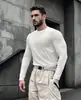 Camiseta Casual Americana de Color Puro con Cuello Redondo y Mangas Largas Elástica de Secado Rápido Deportiva Grande Transpirable Top Base para Entrenamiento Deportivo