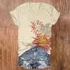 Camiseta Casual Personalizada para Mujer con Estampado Digital 3D, Cuello en V, Manga Corta, Estilo Floral Retro. Disponible a partir de 1 pieza.