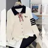 Suéter Tricot Gola Reversível Manga Longa Feminino Slim Fit Escondendo Top Bordado Filhote com Laço Outono 2026 Novo Estilo College