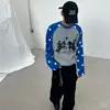 Top de punto gofrado a bloques de color retro a la moda estilo americano con estampado de estrellas, colección de otoño, estampado digital, camiseta de manga larga, unisex