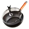 Sartén de hierro forjado a mano para uso doméstico, wok martillado, sin recubrimiento, antiadherente, de fondo plano, apto para estufas de inducción y gas, duradero