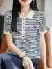 Tricô Listrado Feminino com Gola Color-Block, Macio, Respirável, Emagrecimento, Top Base para o Dia a Dia