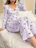 Pijamas Europeus e Americanos Transfronteiriços da Amazon para Mulheres com Calças de Laço e Conjuntos de Manga Longa Estampados Elásticos Vestíveis para Casa