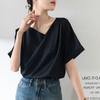 Ácido acético francês manga curta Swing Collar T-shirt feminina elegante Drapeado um personagem Collar Design Chiffon Shirt