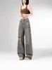 Calça Jeans Rasgada Plus Size para Mulheres, Outono Fina Solta Cinza Cimento Emagrecimento Cintura Alta Reta Perna Larga Tendência