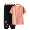 Traje de Verano para Madre de Mediana Edad Moda Suelto Bordado Imitación Algodón y Lino Top Conjunto Casual de Dos Piezas para Mujeres de Mediana Edad y Mayores