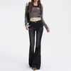Calça Jeans Flare Estilo Americano Preta e Cinza para Mulheres, Tendência de Inverno Novo Vintage Elástica Slim-Fit Comprimento Total Retro Boca de Sino