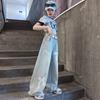 Conjunto de Verão para Meninas 2025 Nova Moda Estilo Coreano para Meninas Estilo Infantil Médio e Grande Manga Curta Jeans com Laço Tendência