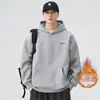 Moletom com capuz e forro de fleece pesado de 420g para homens, outono e inverno, bordado de letras estilo americano, moletom cinza de corte solto