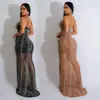 C6841 Moda Europea y Americana Transfronteriza Aliexpress Amazon Vestido Largo de Malla Color Sólido con Tira de Pedrería para Mujer