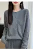 Nova coleção outono e inverno: cardigã sem costura, gola redonda, 100% lã para mulheres, com modelagem solta e mangas compridas.