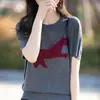 Camiseta de Tricô de Lã Jacquard Pegasus com Gola Redonda Feminina Solta Casual Manga Curta Pulôver Top Fino Dropshipping Douyin