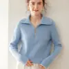 Suéter de Mujer con Solapa y Media Cremallera, Tejido de Cachemir, Camiseta Básica de Punto, Color Sólido, Manga Larga, Elegante, Holgado, Casual, Sencillo