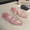 Sandálias de salto grosso de rede de cristal moda rede vermelha antiderrapantes de plástico oco palmilha de geléia transparente de duas vias simples para mulheres verão
