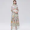 Vestido largo de manga larga con estampado de estilo francés de nicho de alta gama transfronterizo con cuello alto de un solo botón, vestido de comercio exterior con cinturón y falda amplia para mujer