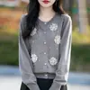 202 Outono e Inverno Transfronteiriço Novo Cardigã de Tricô Feminino Solto Gola Redonda Edelweiss Tridimensional com Botões de Pérola