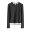 Camiseta Base Tangge Ganoderma Cashmere de Cabra Pele Delicada Amiga Falsa Duas Peças Outono Inverno Gola Redonda Bloco de Cores Manga Longa Térmica para Mulheres