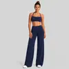 Conjunto de ropa de yoga transfronterizo con sujetador deportivo de cuello halter, conjunto de pantalones deportivos rectos holgados con cintura alta plegable para correr