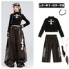 Traje de jazz para niños, top corto con estampado de leopardo cruzado y adornos de pedrería, conjunto de vestuario de baile para actuaciones de jazz y street dance