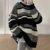Suéter Listrado Color Block para Mulheres, Novo Outono/Inverno Estilo Preguiçoso Vintage Solto Versátil Gola Redonda Tricô Pulôver para Mulheres
