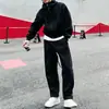 Sudadera con capucha básica de peso pesado estilo americano con doble cremallera, corte holgado, diseño simple, combinada con pantalones largos casuales - un conjunto de dos piezas