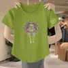 Nova Camiseta Estampada Estilo Chinês Manga Curta para Mulheres Primavera Verão Versão Coreana Camisa Base Solta Moda Casual Top com Botão de Sapo