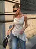 Camisola de estilo francés con cuello drapeado y corte al bies para mujer, top de verano elegante, drapeado, con volantes irregulares, corte ajustado, satinado