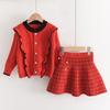 Conjunto de Suéter para Niñas Transfronterizo Otoño e Invierno Nuevo Cárdigan de Punto con Diamantes + Falda Estilo Occidental Conjunto de Dos Piezas