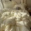 Primavera y Verano Clase A Suave y Amigable con la Piel Fresco Color Sólido Encaje Estilo Coreano Algodón Lavado Juego de Ropa de Cama de Cuatro Piezas para Dormitorio Juego de Tres Piezas