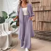 Conjunto de Algodón y Lino Estilo Europeo y Americano Perezoso de Amazon Cárdigan Largo sin Botones de Cuello en V + Pantalones de Pierna Ancha de Cintura Alta con Cordón Elástico