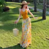 Meia-saia Floral Amarelo Dopamina, Estilo Coreano de Verão, Color Blocking Fresco, Cintura Alta, Emagrecedora, Saia Evasê com Amarração para Férias para Mulheres