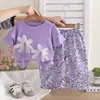 Conjunto Nuevo Estilo Verano 2026 Elegante para Niñas con Pantalón Largo Holgado Floral 3D y Top de Manga Corta