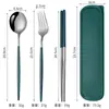 Conjunto Portátil de Talheres de Aço Inoxidável Garfo Colher Hashi Talheres Ocidentais Portugueses Conjunto de Três Peças Conjunto de Talheres para Estudante ao Ar Livre Presente