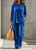 Ropa nueva de mujer transfronteriza europea y americana 2026, suéter casual de cuello redondo de manga larga, pantalones de longitud extendida, traje de mujer de terciopelo multicolor