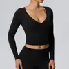 Top de yoga para mujer estilo europeo y americano de manga larga, camiseta deportiva de doble cara cepillada de secado rápido, sexy escote en V con almohadillas en el pecho, ropa de yoga 62628