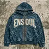 Sudaderas de marca personalizadas y de moda desde la fábrica de origen, sudaderas con remaches y estampado desgastado, cárdigans con cremallera de estampado de leopardo, sudaderas de corte holgado