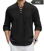 2026 Top Casual Masculino de Gola Alta com Amarração Cruzada Marca Tendência Novo Primavera/Verão Linho Sintético Manga Longa Cor Sólida