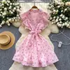 Vestido Feminino de Verão com Estampa de Amor Europeu e Americano, Manga Bufante, Babados, Gola de Terno com Amarração, Desejo Puro, Menina Apimentada, Comprimento Midi