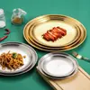 Bandeja de acero inoxidable estilo coreano 304, bandeja dorada, plato llano estilo occidental, plato para barbacoa, plato redondo para pastel/postre/fruta, plato para buffet