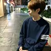 Camiseta de manga larga de algodón puro de marca de moda estilo francés ins para hombre, primavera y otoño, camiseta pesada de moda urbana de tres rayas única