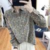 Camisa de manga comprida com gola polo estilo coreano, tecido escovado, estampa floral pequena, feminina, outono e inverno, solta, que rejuvenesce, top retrô para usar por baixo