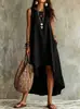 Vestido de linho estilo férias, casual, gola redonda, sem mangas, modelagem solta, comprimento médio para mulheres, site independente da Amazon transfronteiriço europeu e americano