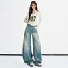 Jeans Largo Lavado Desgastado Estilo Americano Laranja Juvenil para Mulheres, Caimento Solto, Emagrecedor, Único, Moderno, Versátil, Calça de Perna Curva