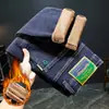 Jeans Masculino Grosso para Outono com Forro de Lã, Estampa Bordada Tendência, Calça Longa Elastizada Slim-Fit da Moda