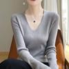 Suéter de malha do início do outono Moda 2024v Collar feminino de manga comprida Pullover Slim Fit Lã Malha Base Suéter